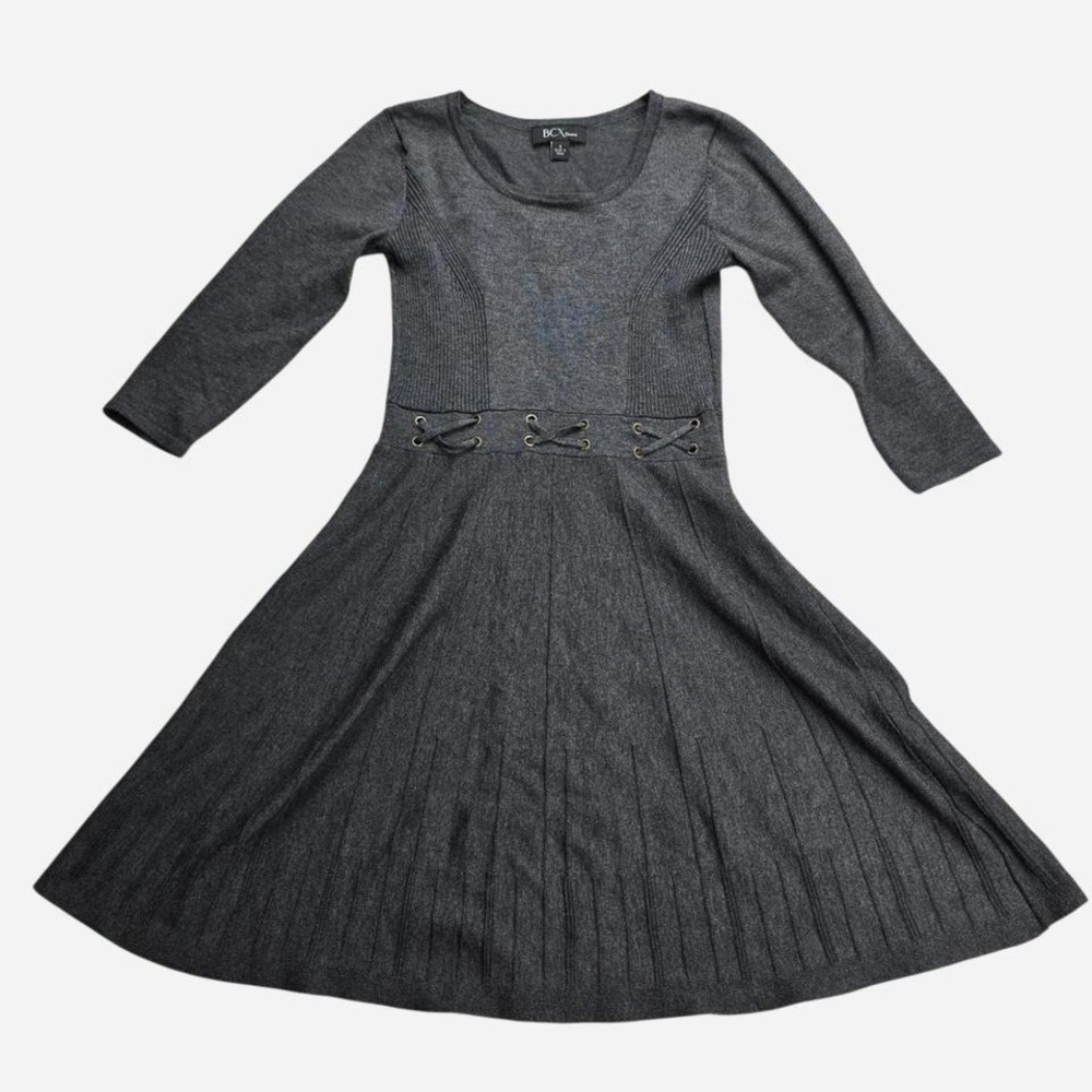 BCX Dress Womens Gray Knit Sweater Dress Lace Up Waist Fit Flare Small